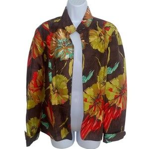 Coldwater Creek Brown Floral 100% Silk Blazer Open Front Career Women Large